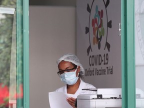 A employee is seen at the Reference Center for Special Immunobiologicals (CRIE) of the Federal University of Sao Paulo (Unifesp) where the trials of the Oxford/AstraZeneca coronavirus vaccine are conducted, in Sao Paulo, Brazil, June 24, 2020.