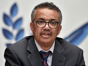 World Health Organization (WHO) Director-General Tedros Adhanom Ghebreyesus attends a news conference organized by Geneva Association of United Nations Correspondents (ACANU) amid the COVID-19 outbreak, caused by the novel coronavirus, at the WHO headquarters in Geneva Switzerland July 3, 2020. Fabrice Coffrini/Pool via REUTERS ORG XMIT: GDN