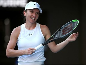 Romania's Simona Halep reacts during her match against Spain's Garbine Muguruza