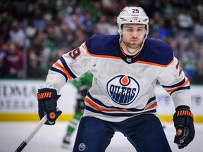 Edmonton Oilers center Leon Draisaitl  in action during the game between the Stars and the Oilers at the American Airlines Center.