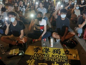 Supporters of Hong Kong anti-government movement gather at Liberty Square, to mark the one-year anniversary of the start of the protests in Hong Kong, in Taipei, Taiwan, June 13, 2020.