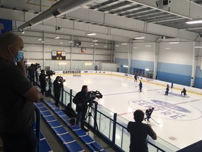 The view from the media's vantage point at the first Toronto Maple Leafs practice in months.