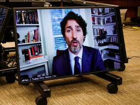 Prime Minister Justin Trudeau attends a House of Commons finance committee meeting via a video chat, in Ottawa, Thursday, July 30, 2020.