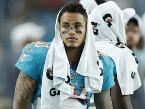 Kenny Stills of the Miami Dolphins looks on from the sideline against the Atlanta Falcons at Hard Rock Stadium on August 8, 2019 in Miami.