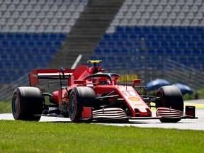Ferrari's Charles Leclerc steers his car during the first practice session for the Formula One Styrian Grand Prix on July 10, 2020 in Spielberg, Austria.