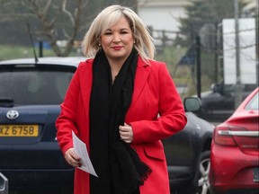 Sinn Fein Vice President Michelle O'Neill arrives at a polling station to vote in the general election in Clonoe, N. Ireland, December 12, 2019.