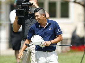 Collin Morikawa celebrates as he closes out the win over Justin Thomas during the third playoff hole of the Workday Charity Open on Sunday at Muirfield Village Golf Club.