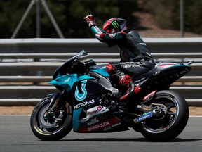 MotoGP - Andalucia Grand Prix - Circuito de Jerez, Jerez, Spain - July 25, 2020   Petronas Yamaha SRT's Fabio Quartararo reacts during qualifying.