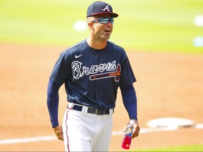 Nick Markakis of the Atlanta Braves reacts during summer workouts at Truist Park on July 3, 2020 in Atlanta.