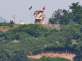 This picture taken on June 9, 2020 shows a North Korean guard post as seen from the South Korean border city of Paju.