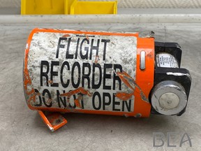 A view of the flight recorder from the Iranian missile-downed Ukraine International Airlines (UIA) Flight PS752 Boeing 737 jet, as work begins at the BEA investigation bureau in Le Bourget, France, Monday, July 20, 2020 in this image obtained from social media.