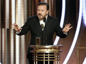 Host Ricky Gervais speaks onstage during the 76th Annual Golden Globe Awards at The Beverly Hilton Hotel on January 5, 2020 in Beverly Hills.