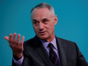 Rob Manfred, commissioner of Major League Baseball, takes part in the Yahoo Finance All Markets Summit in New York February 8, 2017.
