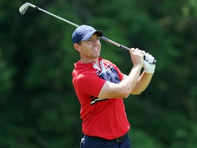 Rory McIlroy plays his shot from the fifth tee during the final round of the Travelers Championship golf tournament at TPC River Highlands in Cromwell, Connecticut, June 28, 2020.