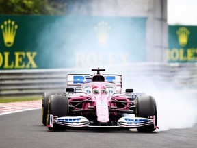Sergio Perez, driving the Racing Point RP20 Mercedes, locks his brakes during the Formula One Grand Prix of Hungary at Hungaroring on July 19, 2020 in Budapest.