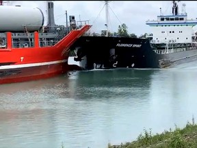 A screengrab of a video shared on Twitter shows the moment two ships collide on the Welland Canal in Thorold, Ont.