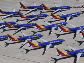 In this file photo taken on March 28, 2019 Southwest Airlines Boeing 737 MAX aircraft are parked on the tarmac after being grounded in Victorville, California.