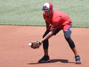 Nationals second baseman Starlin Castro flicks a ground ball to second base on day seven of Nationals workouts at Nationals Park in Washington, D.C., Thursday, July 9, 2020.
