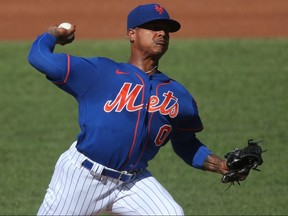 New York Mets starting pitcher Marcus Stroman throws during a simulated at Citi Field.