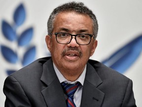 World Health Organization Director-General Tedros Adhanom Ghebreyesus attends a news conference organized by Geneva Association of United Nations Correspondents (ACANU) amid the COVID-19 outbreak, at the WHO headquarters in Geneva, July 3, 2020.