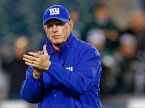 Tom Coughlin of the New York Giants looks on during warms ups prior to their game against the Philadelphia Eagles at Lincoln Financial Field on October 19, 2015 in Philadelphia.