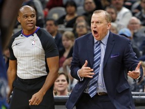 Tom Thibodeau, head coach of the Minnesota Timberwolves, goes wild after a turnover on October 17, 2018 in San Antonio.