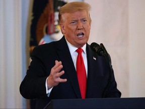 President Donald Trump delivers remarks during a Spirit of America Showcase in the Entrance Hall of the White House July 2, 2020 in Washington.