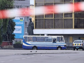 A view shows a passenger bus, which was seized by an unidentified person in the city of Lutsk, Ukraine July 21, 2020. REUTERS/Mykola Martyniuk ORG XMIT: MOS