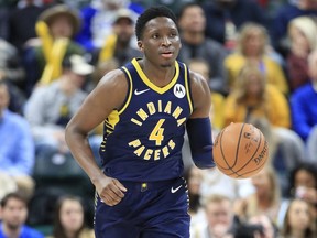 Victor Oladipo of the Indiana Pacers dribbles the ball against the Charlotte Hornets at Bankers Life Fieldhouse on January 20, 2019 in Indianapolis.