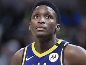 Pacers guard Victor Oladipo watches the action against the Nets at Bankers Life Fieldhouse in Indianapolis, Feb. 10, 2020.