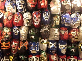Wrestling masks on display.