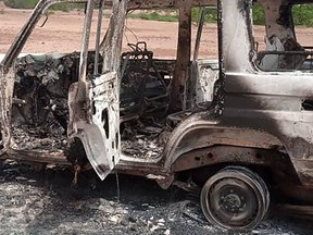 A handout photo obtained by AFP on August 9, 2020 shows the car where six French tourists, their local guide and the driver were killed by an unidentified gunmen riding motorcycles on August 9, 2020 in an area of southwestern Niger.
