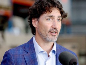 Prime Minister Justin Trudeau speaks at Brockville's 3M tape plant on Friday afternoon to announce a $70-million expansion allowing the site to manufacture N95 masks.