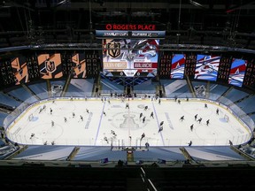 The Vegas Golden Knights and Colorado Avalanche skate in warm-ups prior to a Western Conference Round Robin game during the 2020 NHL Stanley Cup Playoff at Rogers Place on August 08, 2020 in Edmonton, Alberta. Due to concerns of the spread of the coronavirus, NHL games are being played without fans.