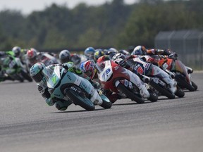 Dennis Foggia of Italy and Leopard Racing leads the field during the Moto3 race during the MotoGP Of Czech Republic at Brno Circuit on August 09, 2020 in Brno, Czech Republic.