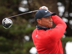 Tiger Woods of the United States plays his shot from the 16th tee during the final round of the 2020 PGA Championship at TPC Harding Park on August 09, 2020 in San Francisco, California.