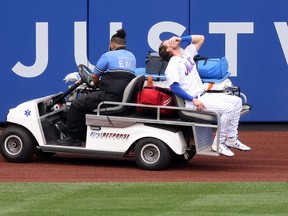 Jeff McNeil of the New York Mets is carted off the field after injuring his knee crashing into the wall making a diving catch hit by Asdrubal Cabrera of the Washington Nationals in the first inning during their game at Citi Field on Aug. 13, 2020 in New York City.