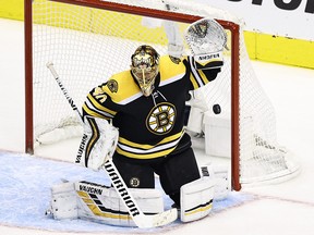 Tuukka Rask of the Boston Bruins allows a goal to Dougie Hamilton (not pictured) of the Carolina Hurricanes during the third period in Game Two of the Eastern Conference First Round during the 2020 NHL Stanley Cup Playoffs at Scotiabank Arena on August 13, 2020 in Toronto, Ontario.