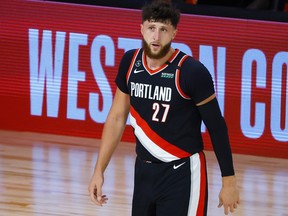 Jusuf Nurkic of the Portland Trail Blazers looks on against the Memphis Grizzlies during the first quarter in the Western Conference play-in game one at The Field House at ESPN Wide World of Sports Complex on Aug. 15, 2020 in Lake Buena Vista, Florida.