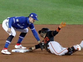 Cavan Biggio of the Toronto Blue Jays tags Jose Iglesias of the Baltimore Orioles as he slides safely into second base during the sixth inning at Sahlen Field on August 28, 2020 in Buffalo, New York.