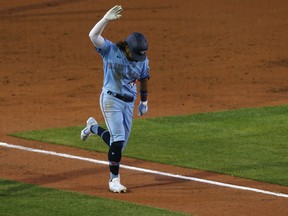 Toronto Blue Jays' Bo Bichette celebrates his three-run homer against the Miami Marlins on Tuesday night.