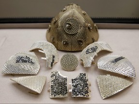 Parts of a diamond encrusted gold coronavirus disease face mask, is seen in a fine jewelry factory in Motza, Israel August 11, 2020.
