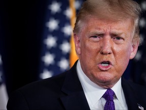 U.S. President Donald Trump speaks during a news conference at Trump National Golf Club in Bedminster, New Jersey, U.S., Aug. 15, 2020.