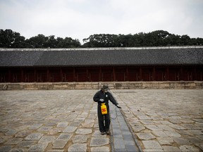 A worker wearing a protective suit to prevent the spread of the coronavirus disease disinfects a cultural treasure in Seoul, South Korea, August 20, 2020.