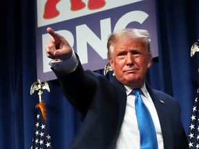 U.S. President Donald Trump gestures after addressing the first day of the Republican National Convention after delegates voted to confirm him as the Republican 2020 presidential nominee for re-election, in Charlotte, N.C., Aug. 24, 2020.