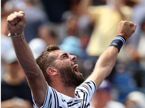 Benoit Paire of France reacts after defeating Kei Nishikori of Japan during their Men's Single First Round match on Day One of the 2015 US Open at the USTA Billie Jean King National Tennis Center on August 31, 2015 in the Flushing neighborhood of the Queens borough of New York City.