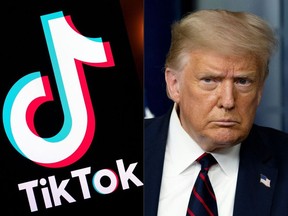 This combination of pictures created on August 01, 2020 shows the logo of the social media video sharing app Tiktok displayed on a tablet screen in Paris, and US President Donald Trump at the White House in Washington, DC, on July 30, 2020.