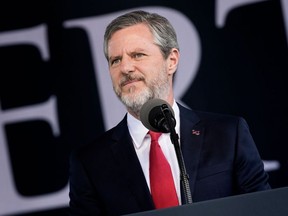 In this file photo taken May 13, 2017, President of Liberty University, Jerry Falwell, Jr., speaks  during Liberty University's commencement ceremony in Lynchburg, Virginia.