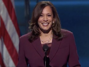 This video grab made on Aug. 19, 2020 from the online broadcast of the Democratic National Convention, being held virtually amid the novel coronavirus pandemic, shows Senator from California and Democratic vice presidential nominee Kamala Harris speaking from Wilmington, Delaware, during the third day of the convention.