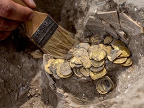 An Israeli worker unearthes gold coins dating to the Abbasid Caliphate, during a press presentation of the discovery at an archeological site near Tel Aviv in central Israel, on Aug. 18, 2020.